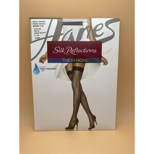 Hanes Silk Reflections Thigh Highs Silky Sheer Toe Barely Black Size CD